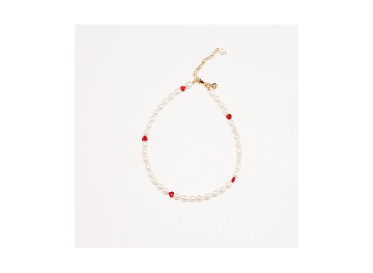 Joey Baby 18K Gold Plated Freshwater Pearls with Charming Red Hearts - Akari Choker For Women - White with Red Heart Charm