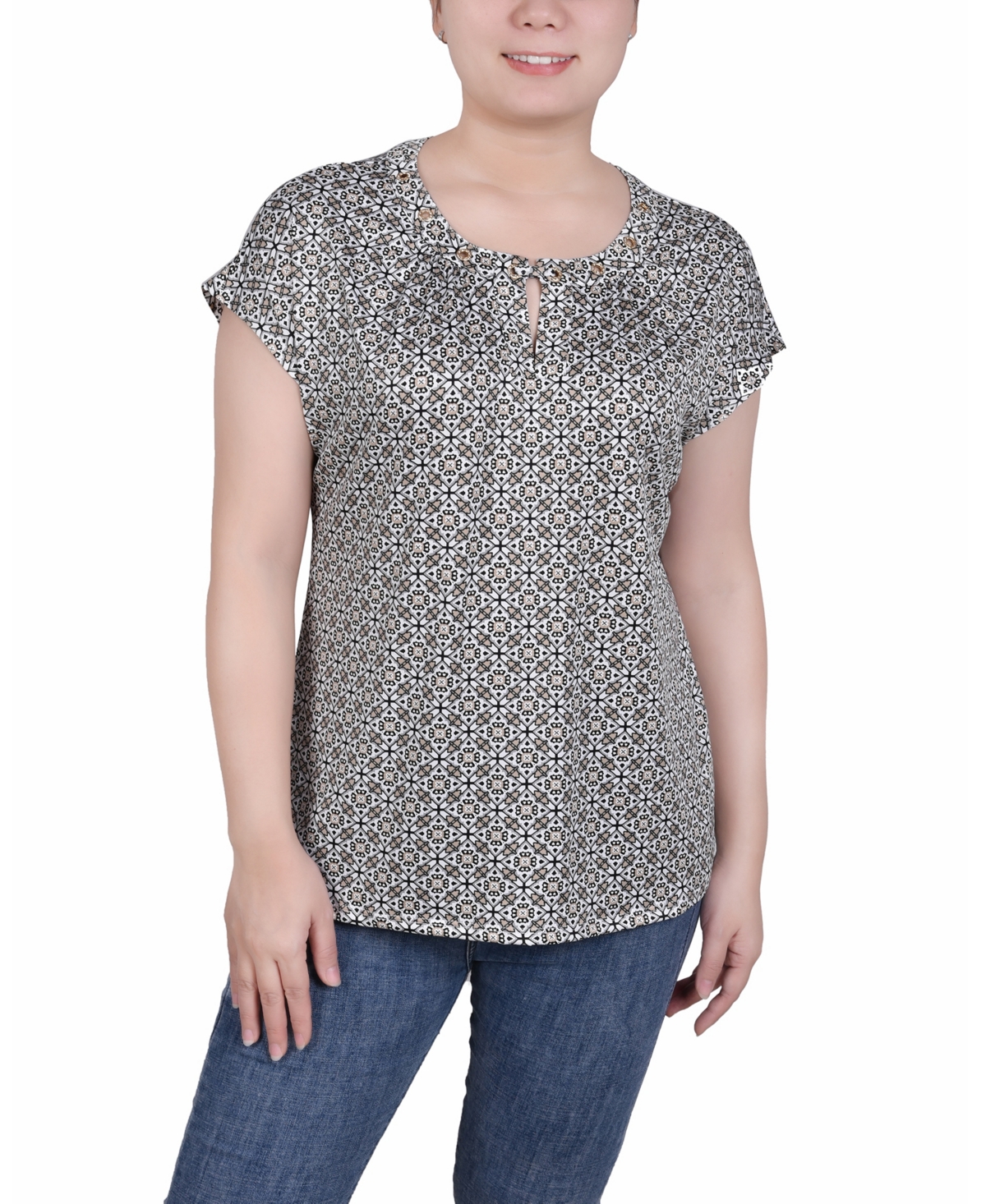 Ny Collection Women's Extended Sleeve Top With Grommets In Almond Tilo