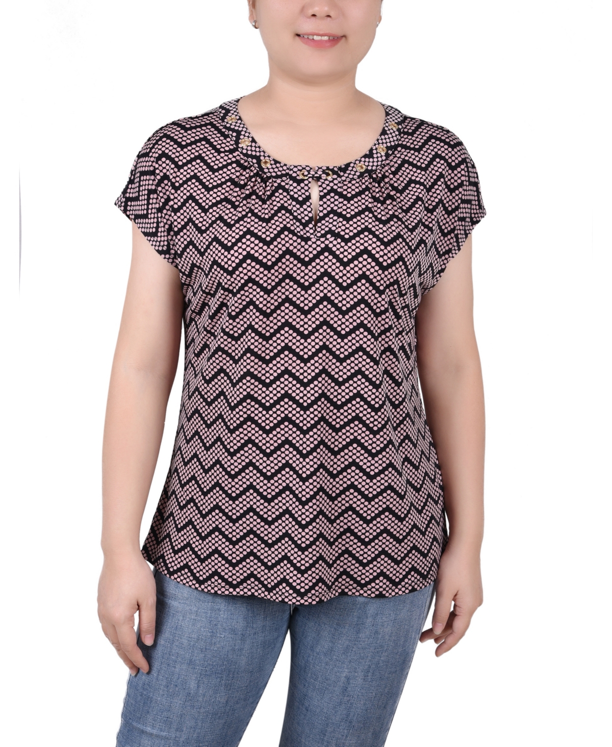 Ny Collection Women's Extended Sleeve Top With Grommets In Black Lilas Zigzag Dots