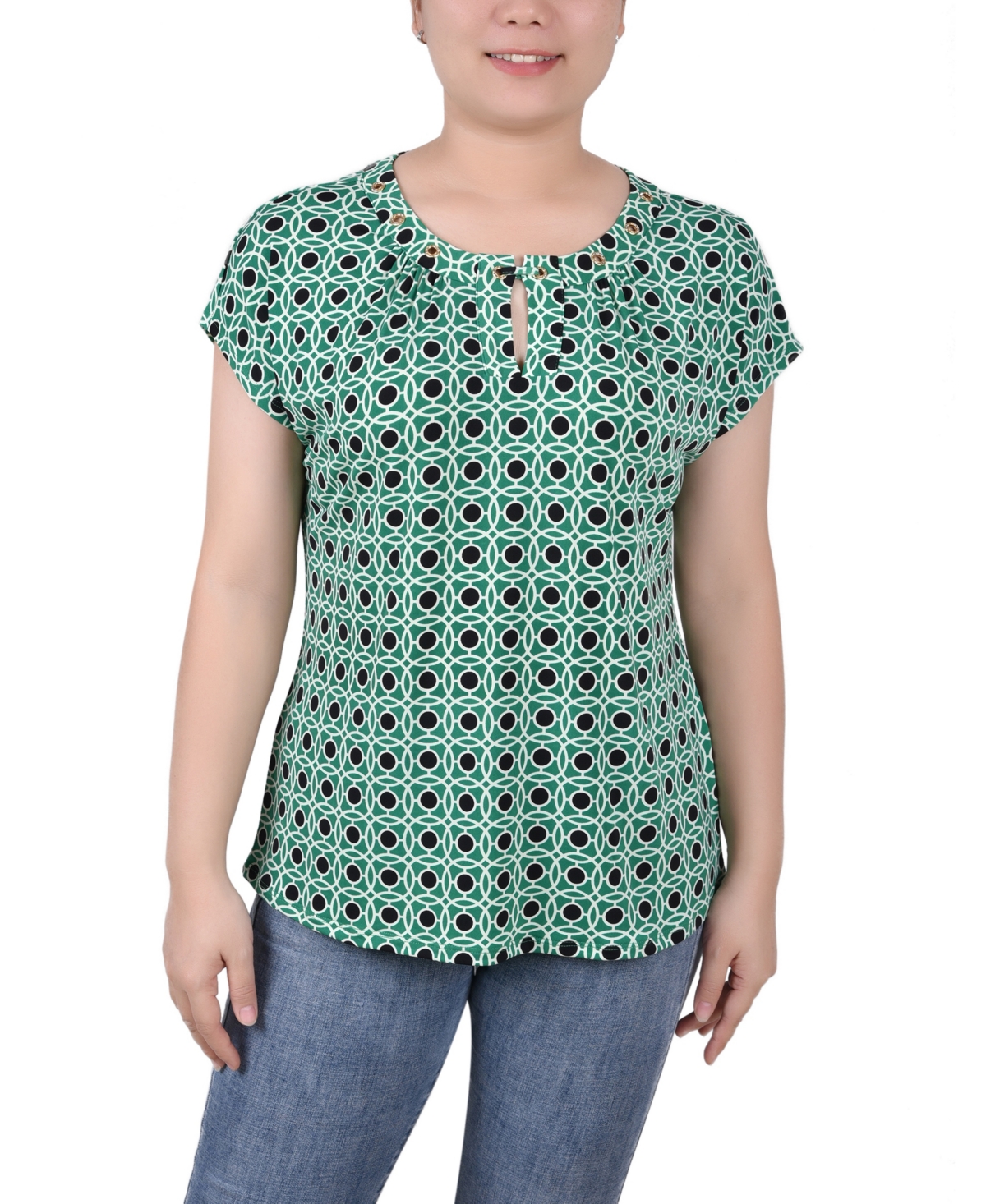 Ny Collection Plus Size Flutter Sleeve Top With Criss Cross Strips In Green Alcalacirc