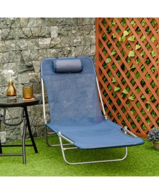 Portable Sun Lounger, Lightweight Folding Chaise Lounge Chair w/ Adjustable Backrest & Pillow for Beach, Poolside and Patio, Blue & Silver