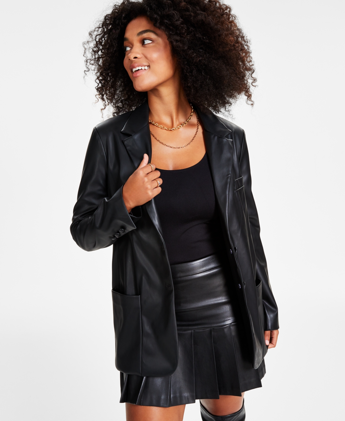 Women's Faux-Leather Blazer, Created for Macy's - Deep Black