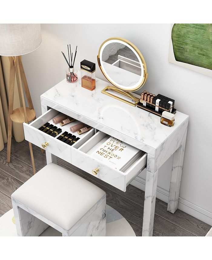 Simplie Fun White Vanity Set, Tempered Glass Vanity, Dressing Table