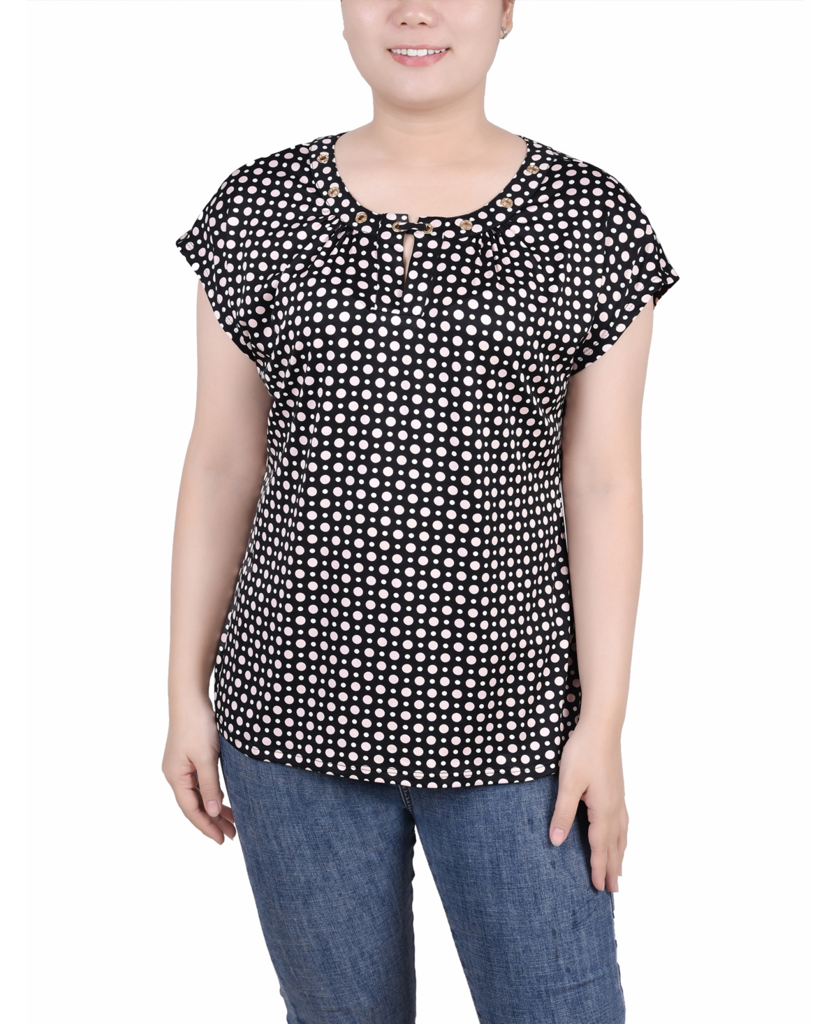 Ny Collection Women's Extended Sleeve Top With Grommets In Black White Pink Dot