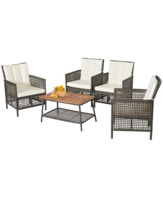 5PCS Patio Rattan Furniture Set Cushioned Sofa Armrest Wooden Tabletop