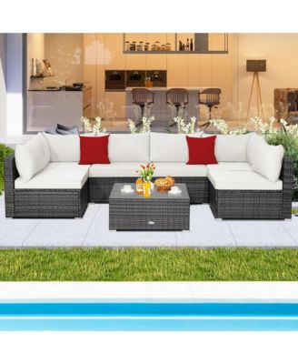 7PCS Patio Rattan Furniture Set Sectional Sofa Cushioned Garden
