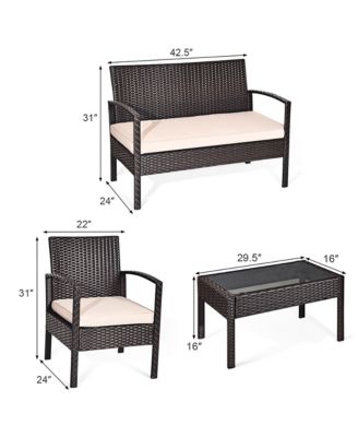4PCS Patio Rattan Conversation Furniture Set Cushioned Seat Glass Table