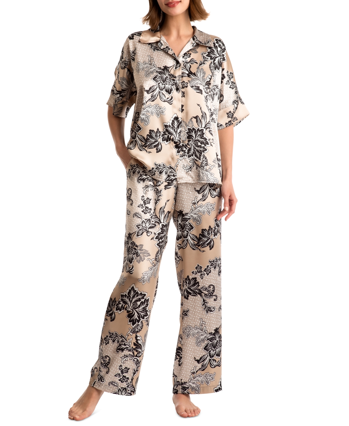 Women's 2-Pc. Kaoru Printed Satin Pajamas Set - Brown