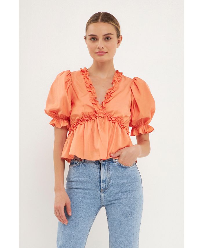 endless rose Women's Ruffle Detail Top with Puff Sleeves - Macy's