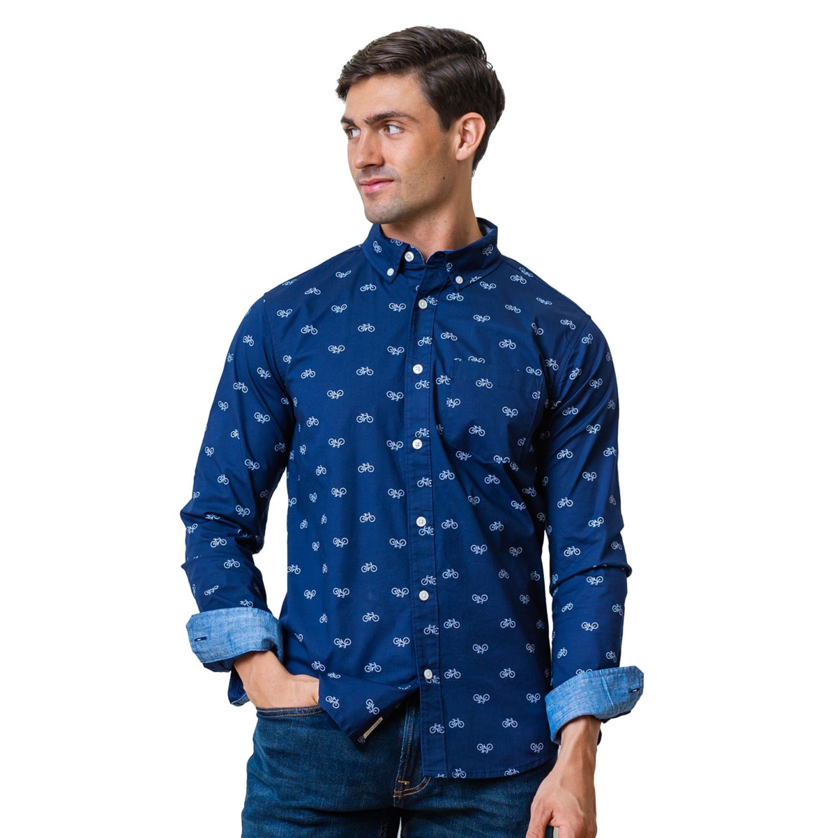 Mens' Organic Long Sleeve Stretch Poplin Button Down Shirt - Navy bicycle print
