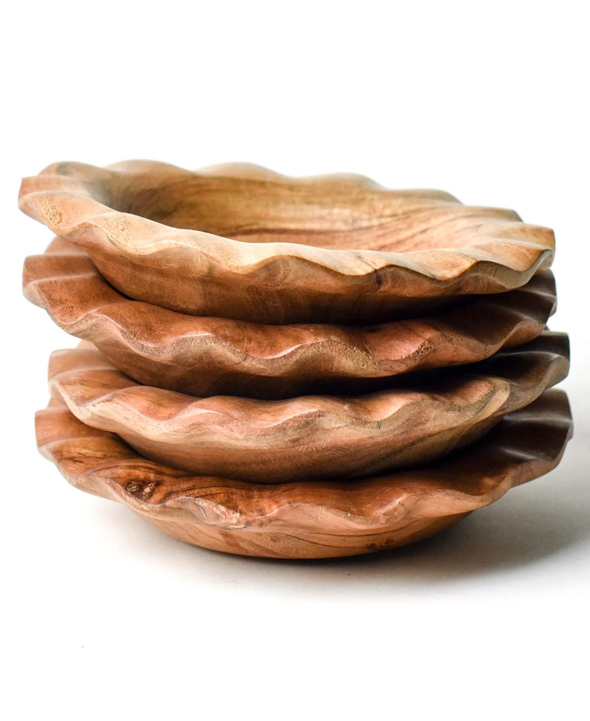 Fundamental Wood Ruffle Small Bowl Set of 4, Service for 4 - Brown