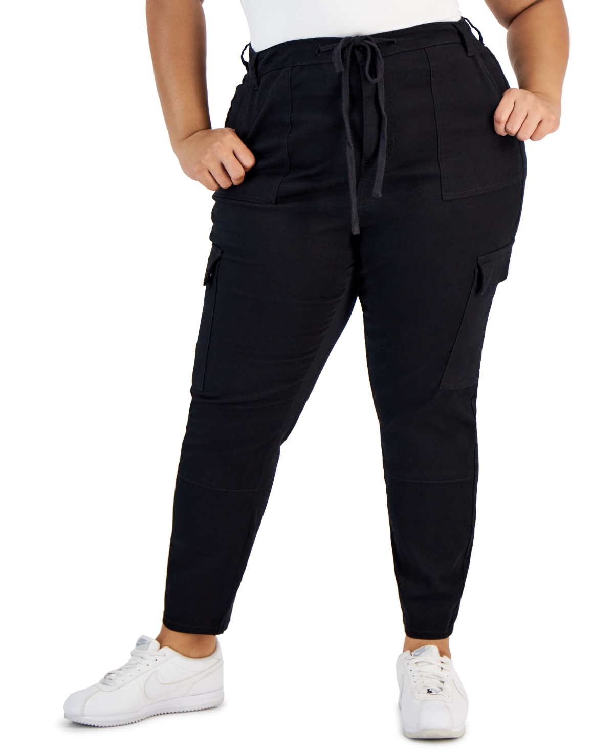 Trendy Plus Size Skinny-Leg Drawstring Cargo Pants - Black