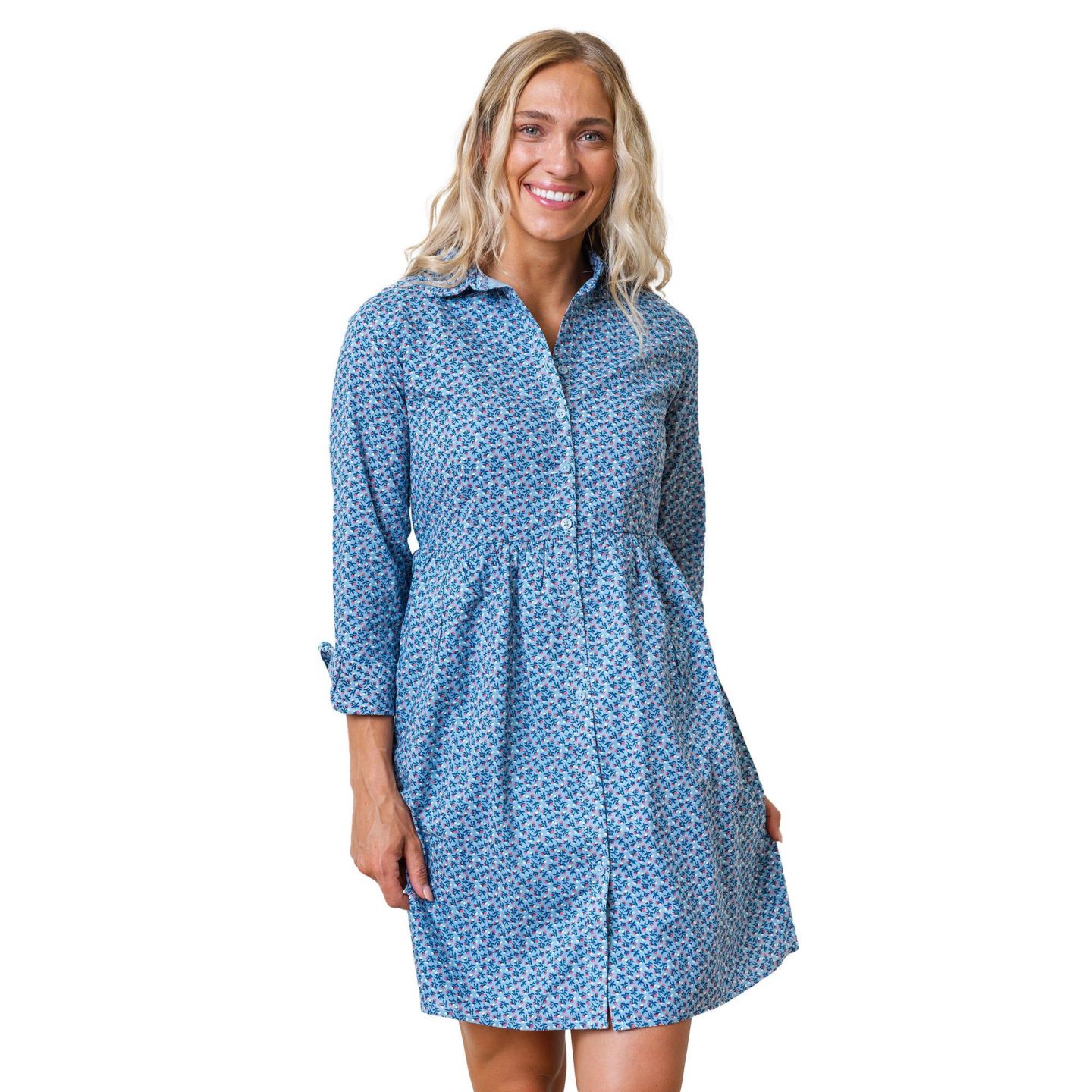 Женское платье Hope & Henry Long Sleeve Button Front Shirt Dress, цвет: Средний синий с принтом — фото 1