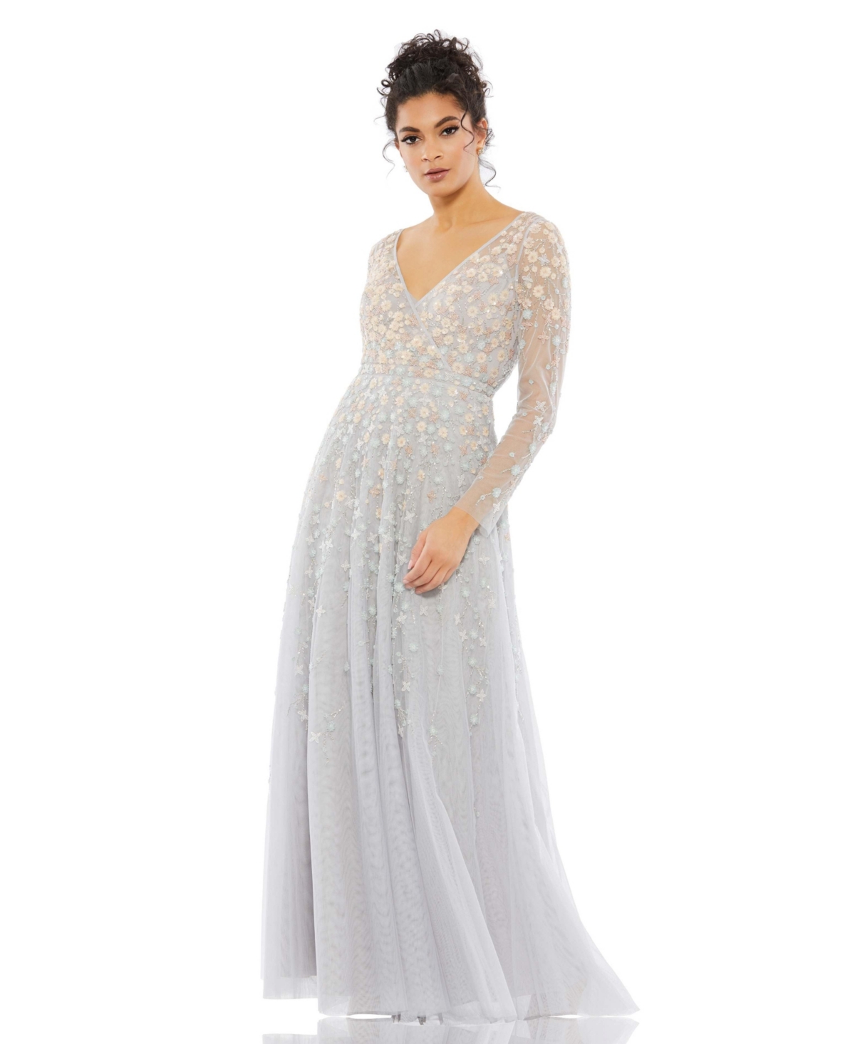 Mac Duggal Women's Embellished Wrap Over Illusion Long Sleeve A Line In ...