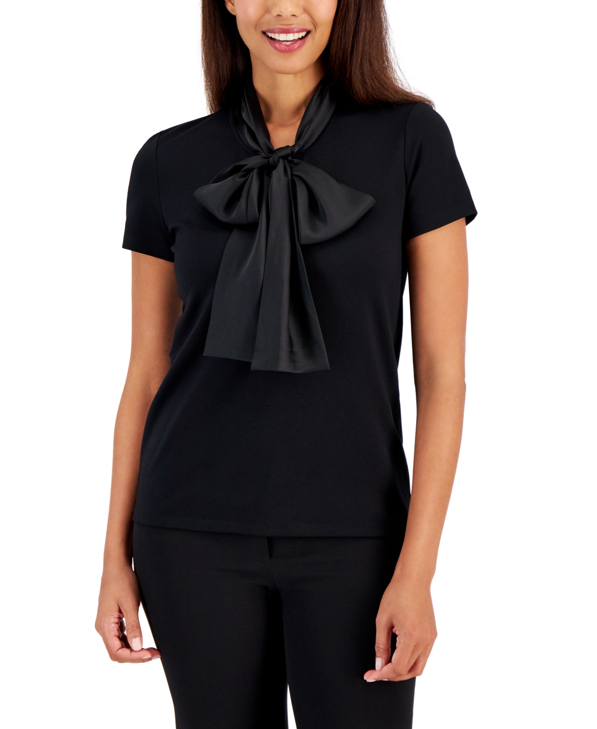 Anne Klein Women s Short Sleeve Mixed Media Bow Top Anne Black