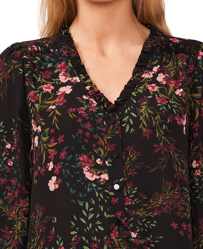 CeCe Women's Floral-Print Ruffled V-Neck Button-Front Top - Macy's
