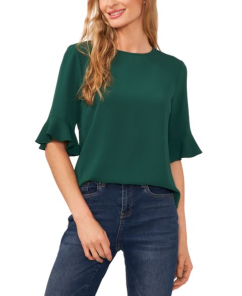Женская блузка CeCe Crewneck 3/4-Sleeve Ruffled Cuff Blouse, цвет: Зелёный