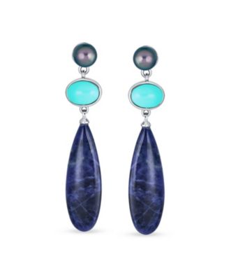 Multi Shape 3 Multi-Tier Dangling Cultured Freshwater Grey Pearl Blue Natural Turquoise Navy Sodalite Long Teardrop Earrings
