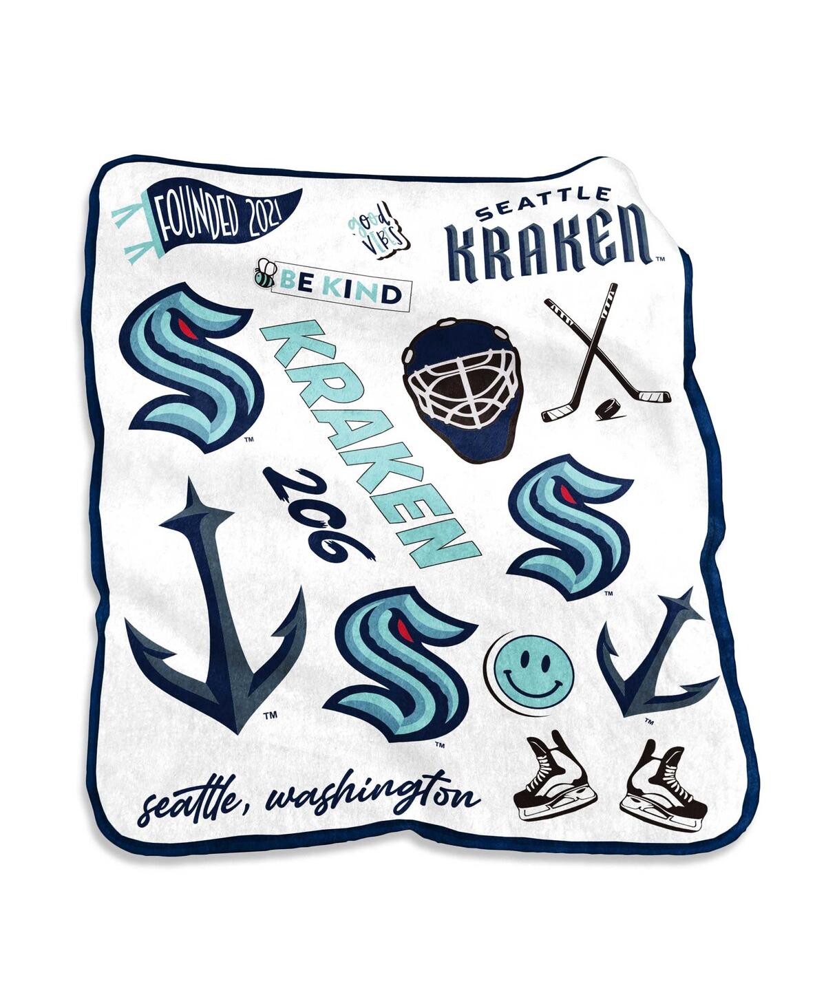 Logo Brands Seattle Kraken 50'' X 60'' Native Raschel Plush Throw Blanket In White,blue