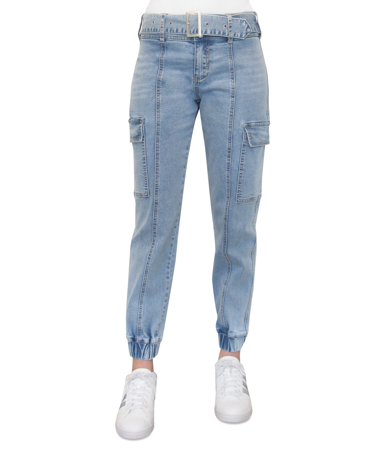 Almost Famous Crave Fame Juniors' High-rise Belted Denim Cargo Pants In Light Wash
