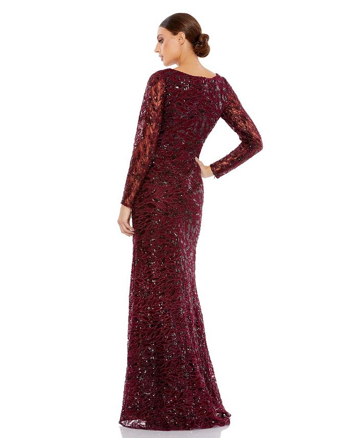 Mac Duggal Women's Long Sleeve Ruched Sequined V-Neck Gown - Macy's