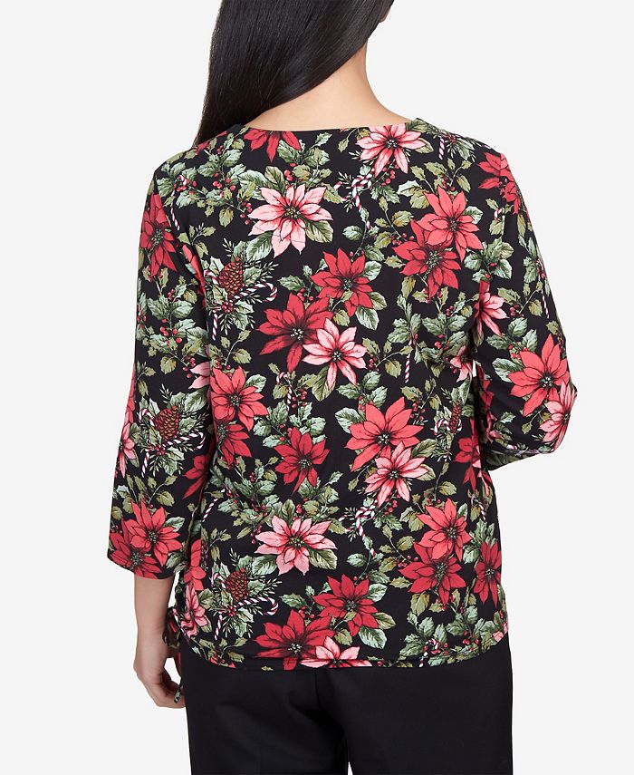Alfred Dunner Petite Classics Poinsettia and Candy Canes Crew Neck Top