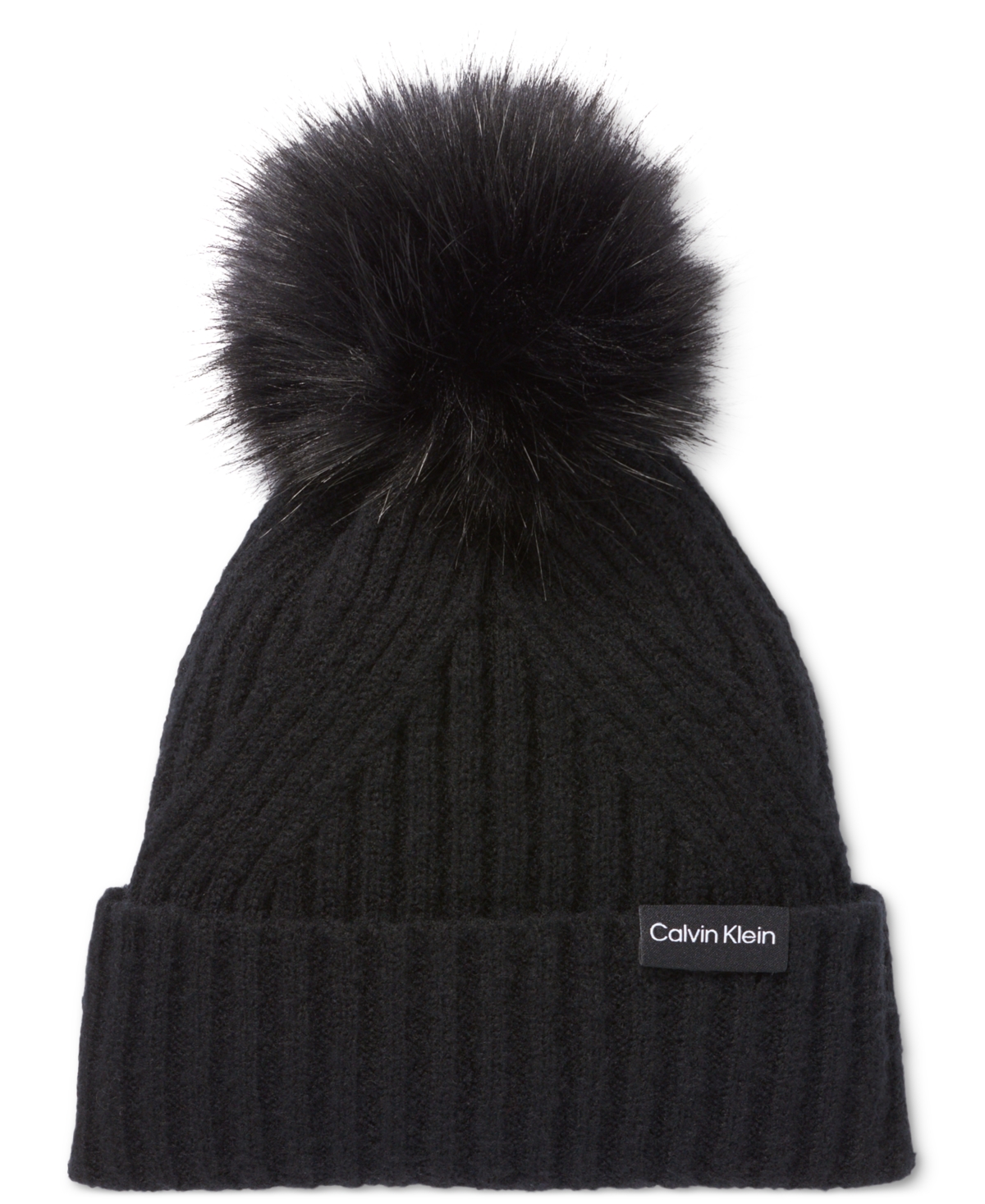 Calvin Klein Women's Ribbed Furry Pom Pom Hat In Black