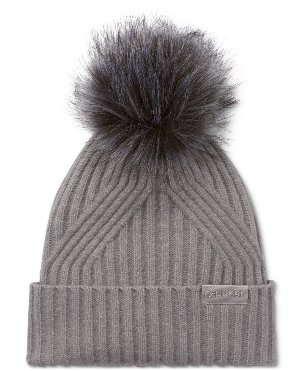 Calvin Klein Women's Ribbed Furry Pom Pom Hat In Heather Mid Gray