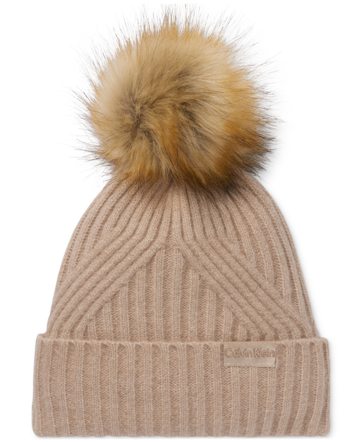Calvin Klein Women's Ribbed Furry Pom Pom Hat In Heathered Almond