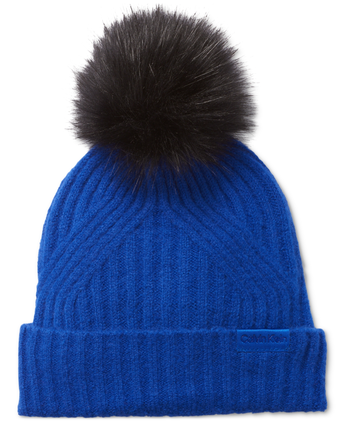 Calvin Klein Women's Ribbed Furry Pom Pom Hat In Klein Blue