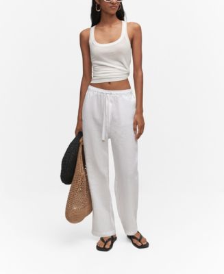 Mango Pants Clearance Sale - White Womens Flowy Straight-Fit With Bow