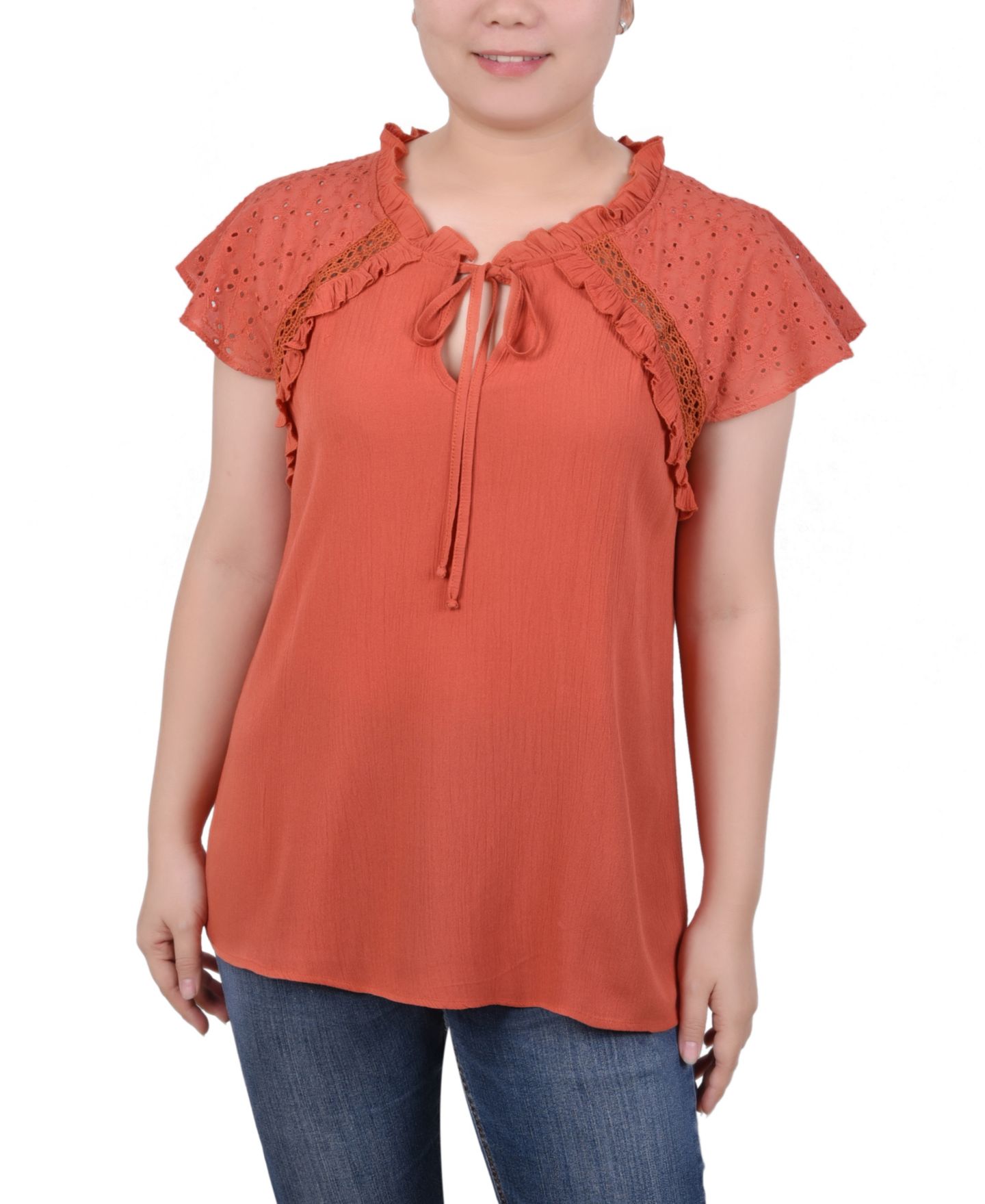 Женская блузка NY Collection Petite Eyelet Sleeve, цвет: Оранжевый ржавый — фото 1