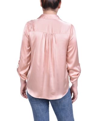 Petite Tabbed Long Sleeve Satin Blouse
