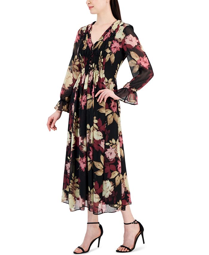 Taylor Women's Floral-Print Smocked Button-Front Midi Dress - Macy's
