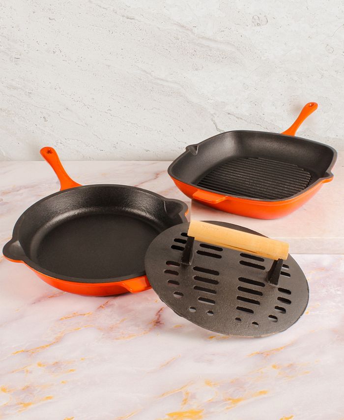 BergHOFF Neo Enameled Cast Iron 3 Piece 10" Fry Pan, 11" Grill Pan, and