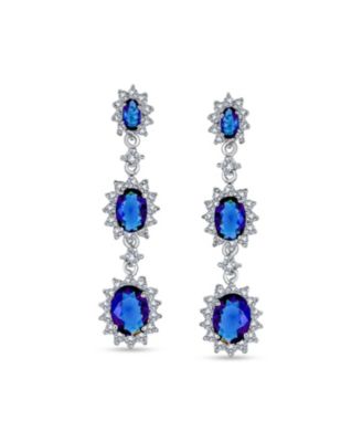 Long Royal Blue Triple Oval Halo Blue CZ Chandelier Earrings Cubic Zirconia Rhodium Plated Brass