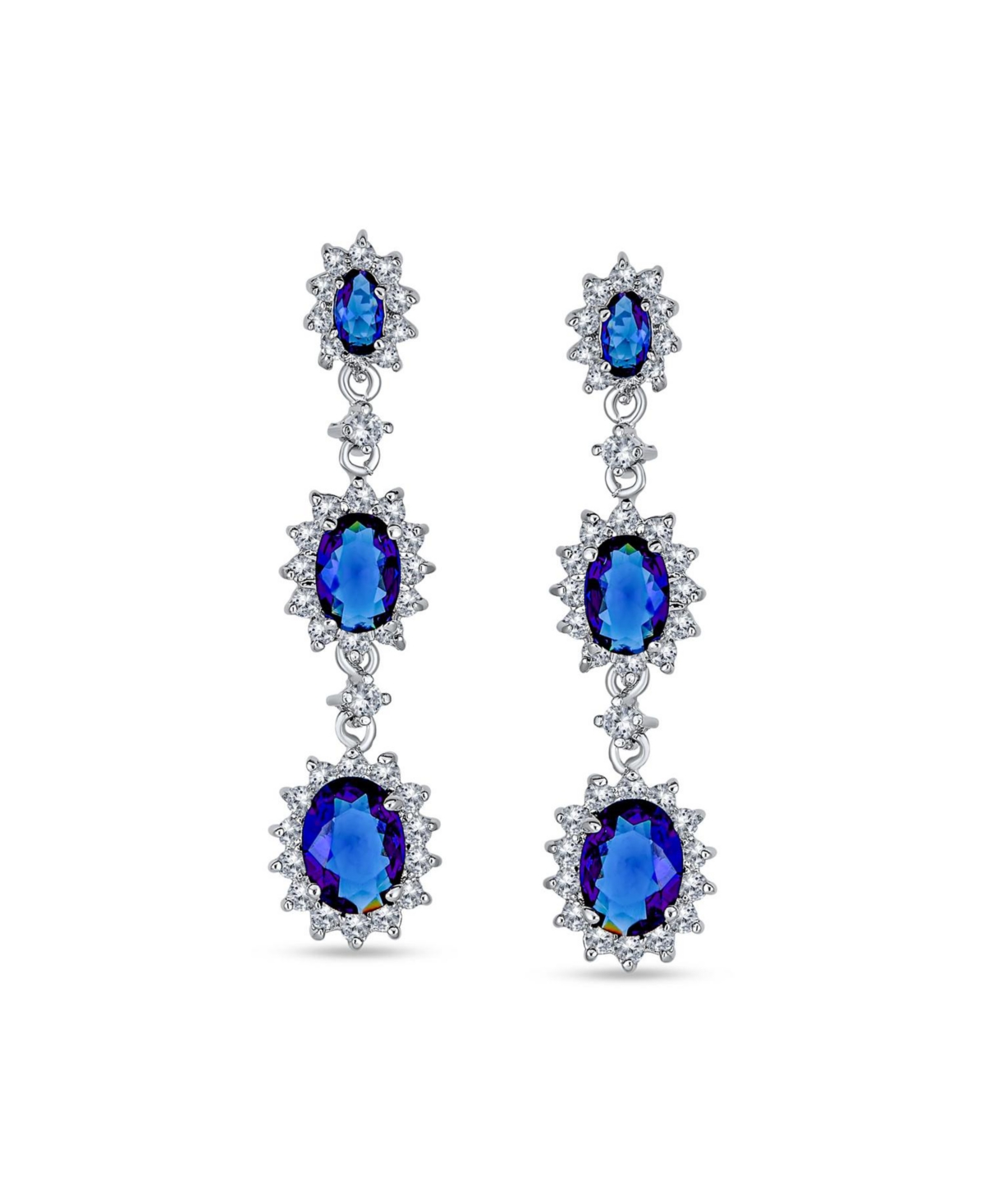 Bling Jewelry Long RoyalTriple Oval HaloCz Chandelier Earrings For Women Cubic Zirconia Rhodium Plated Brass - Blue