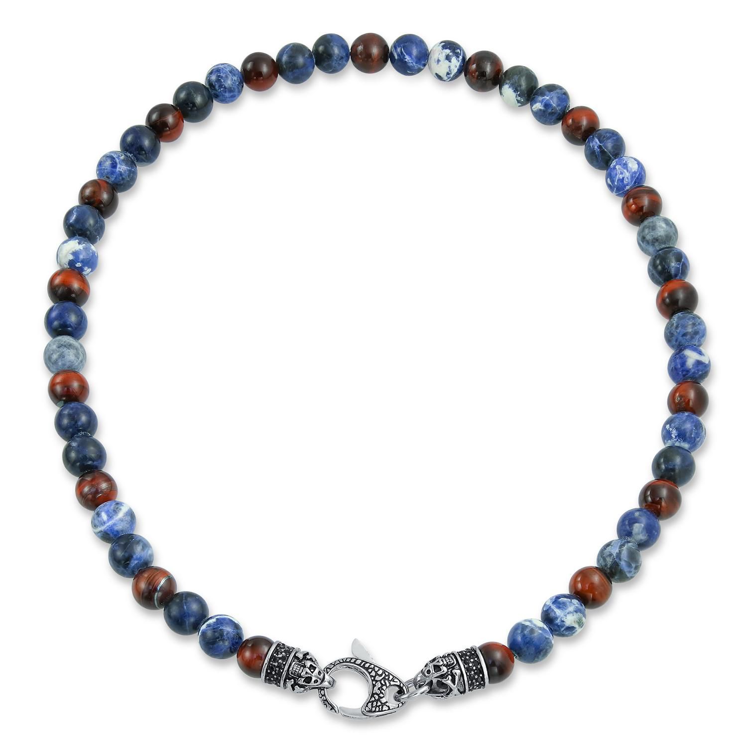 Blue Sodalite Brown Tiger Eye Ball Bead Strand Necklace Stainless Steel