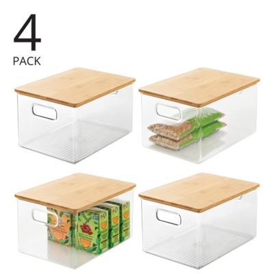 Plastic Kitchen Storage Box - Bamboo Lid, Handles, 4 Pack, Clear/Natural