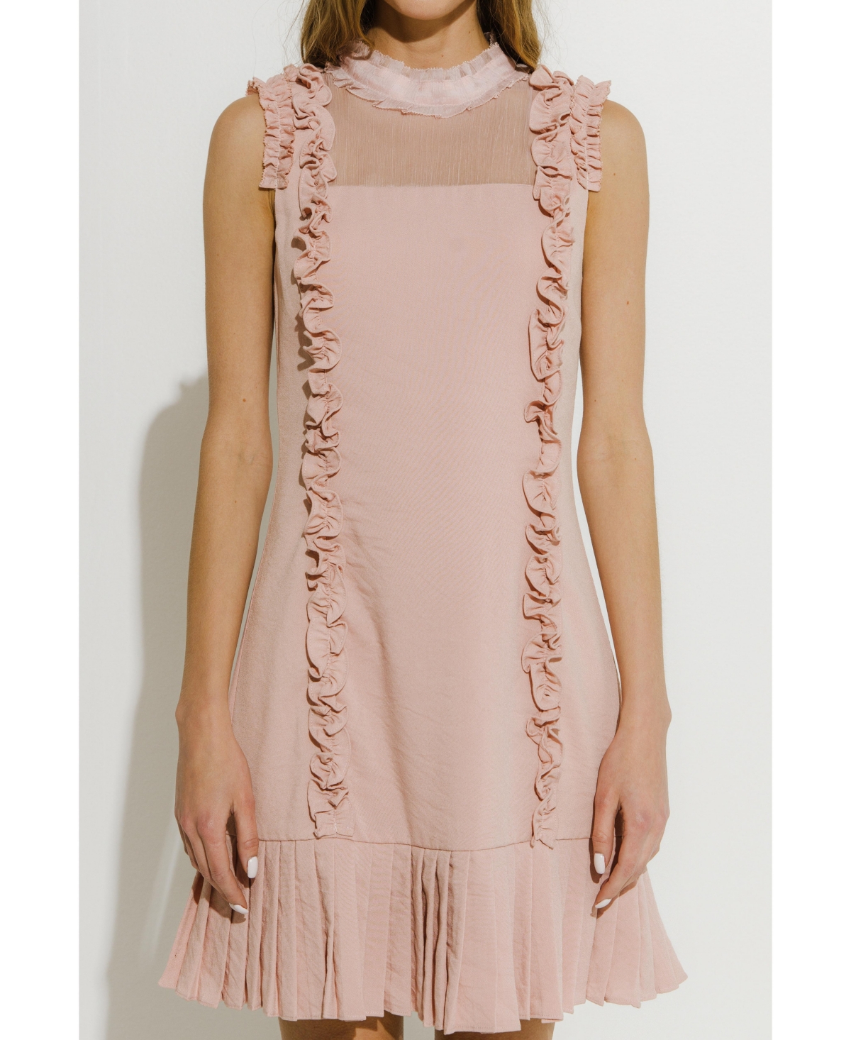 Women's Mixed Media A Line Dress with Ruffle Details - Powder pink