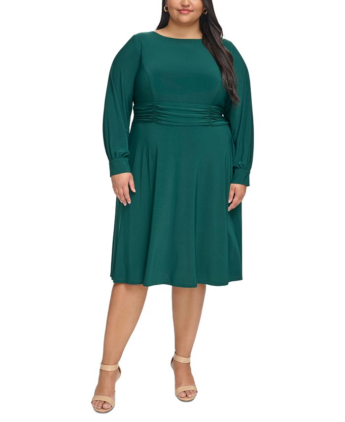 Jessica Howard Plus Size Ruched-Waist Long-Sleeve Midi Dress - Macy's