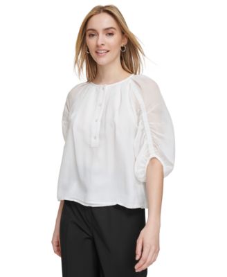 Calvin Klein - Women's Cinched-Sleeve Button-Front Top