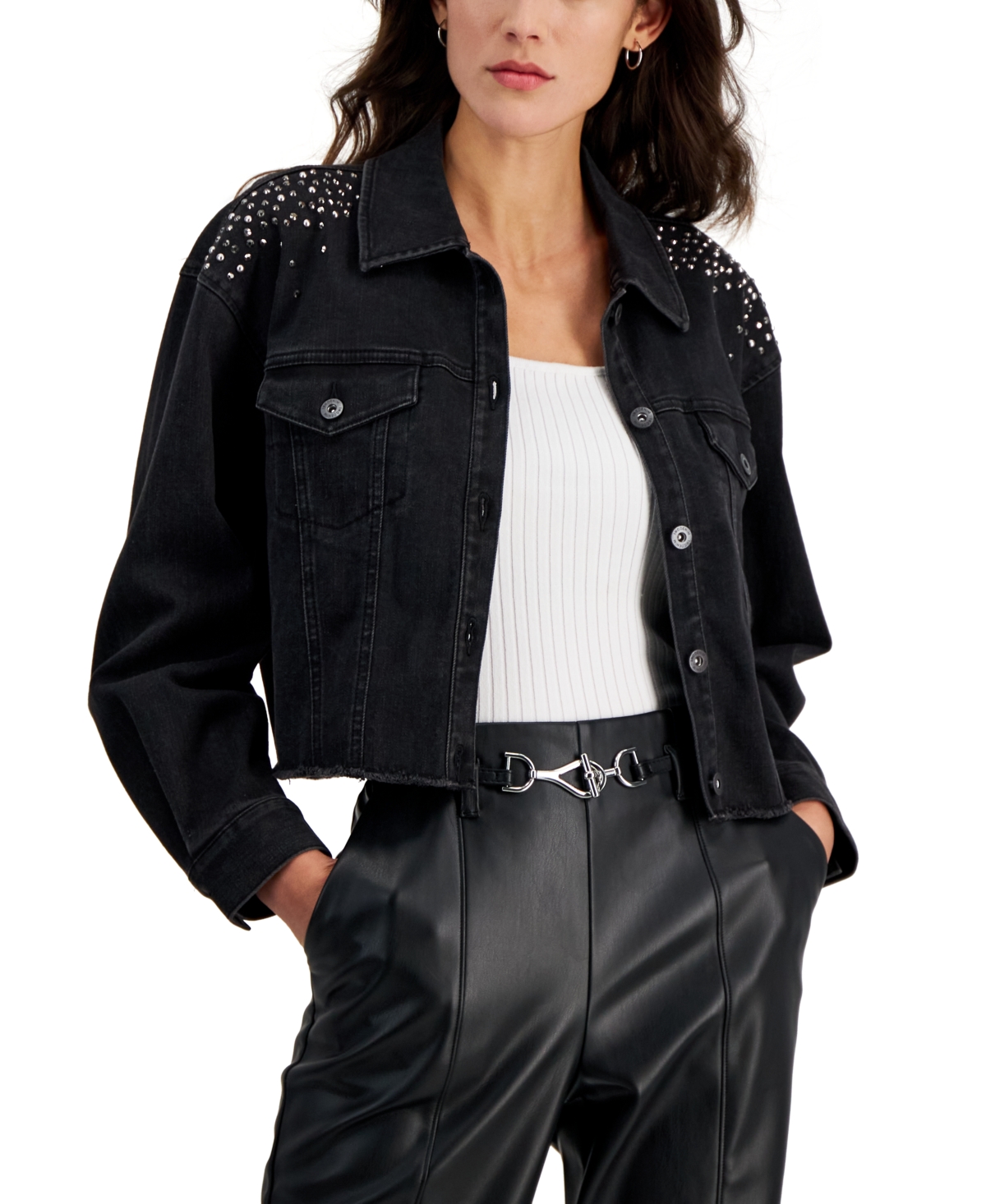 Women's Embellished Denim Trucker Jacket, Created for Macy's - Deep Black Wash