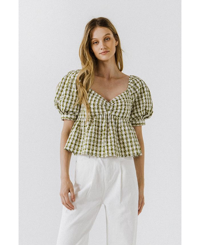 Free the Roses Women's Gingham Check Top with Embroidery - Macy's