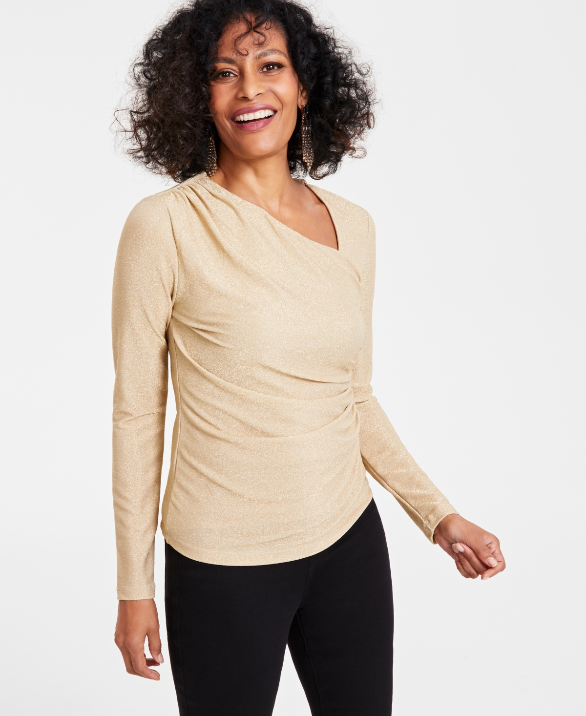 Inc International Concepts Women's Asymmetric-neck Shiny Top, Created For Macy's In Gold