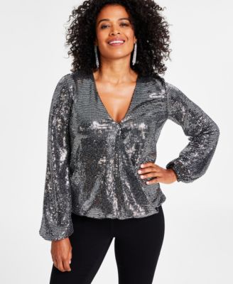 INC International Concepts Sequin Cold-Shoulder Blouse orders Silver M