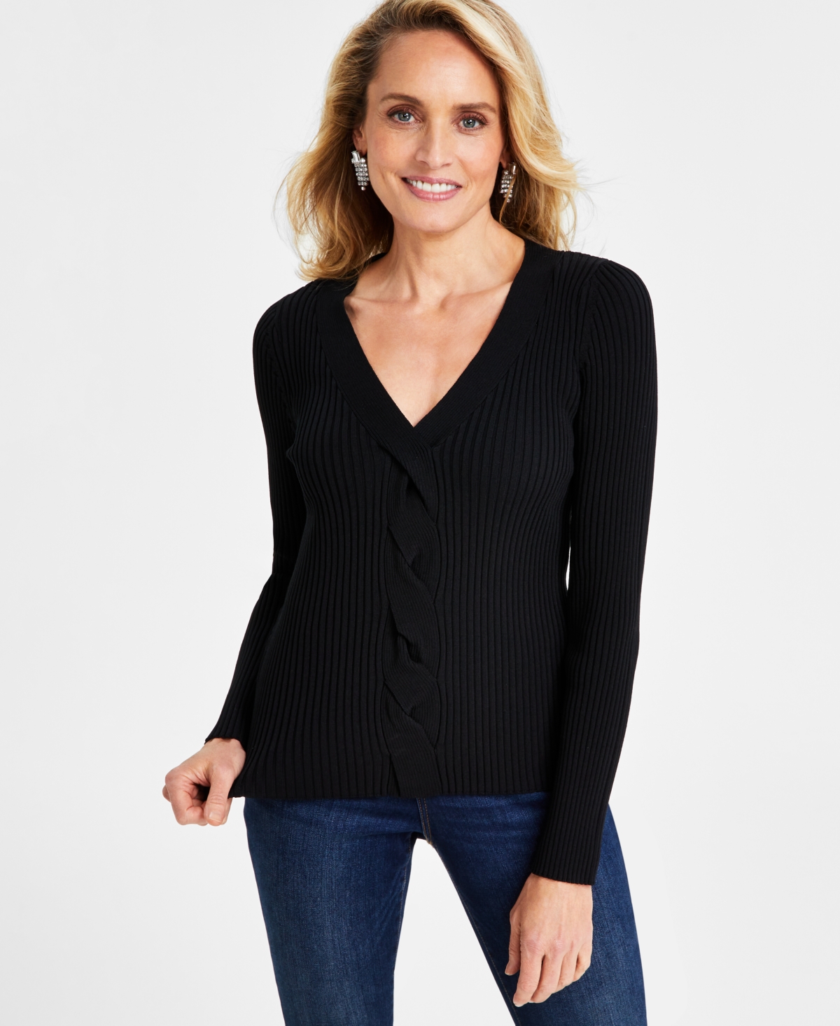 Inc International Concepts Women's Ribbed Cable-front V-neck Sweater, Created For Macy's In Deep Black