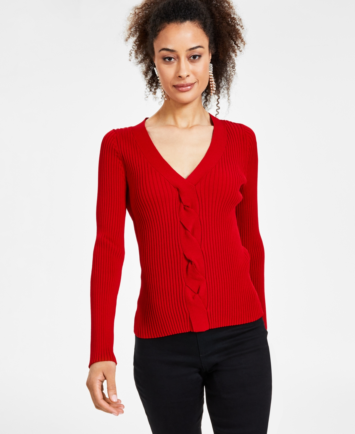 Inc International Concepts Women's Ribbed Cable-front V-neck Sweater, Created For Macy's In Red Zenith