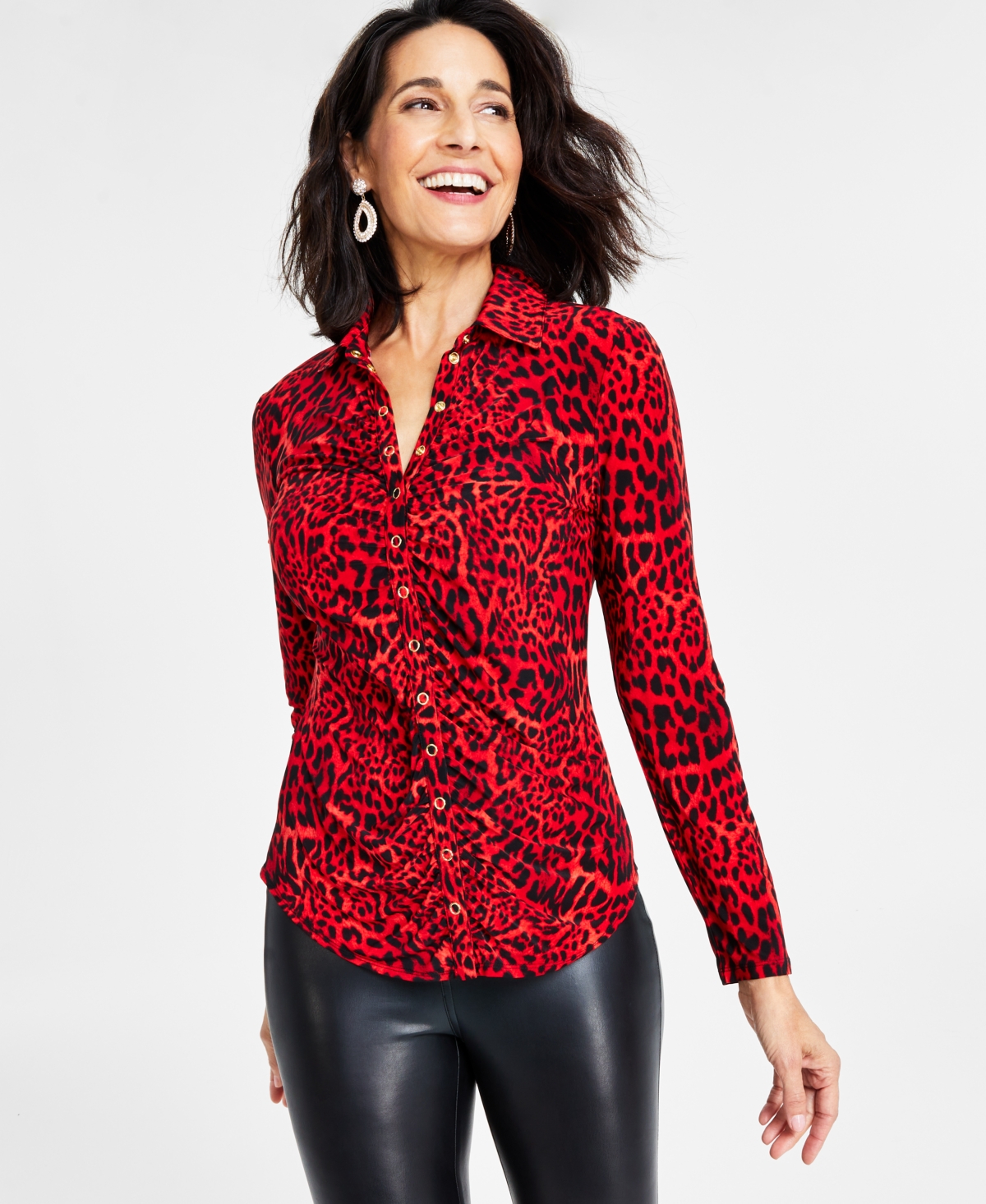 Inc International Concepts Women's Printed Ruched Snap-front Top, Created For Macy's In Chantal Cheetah