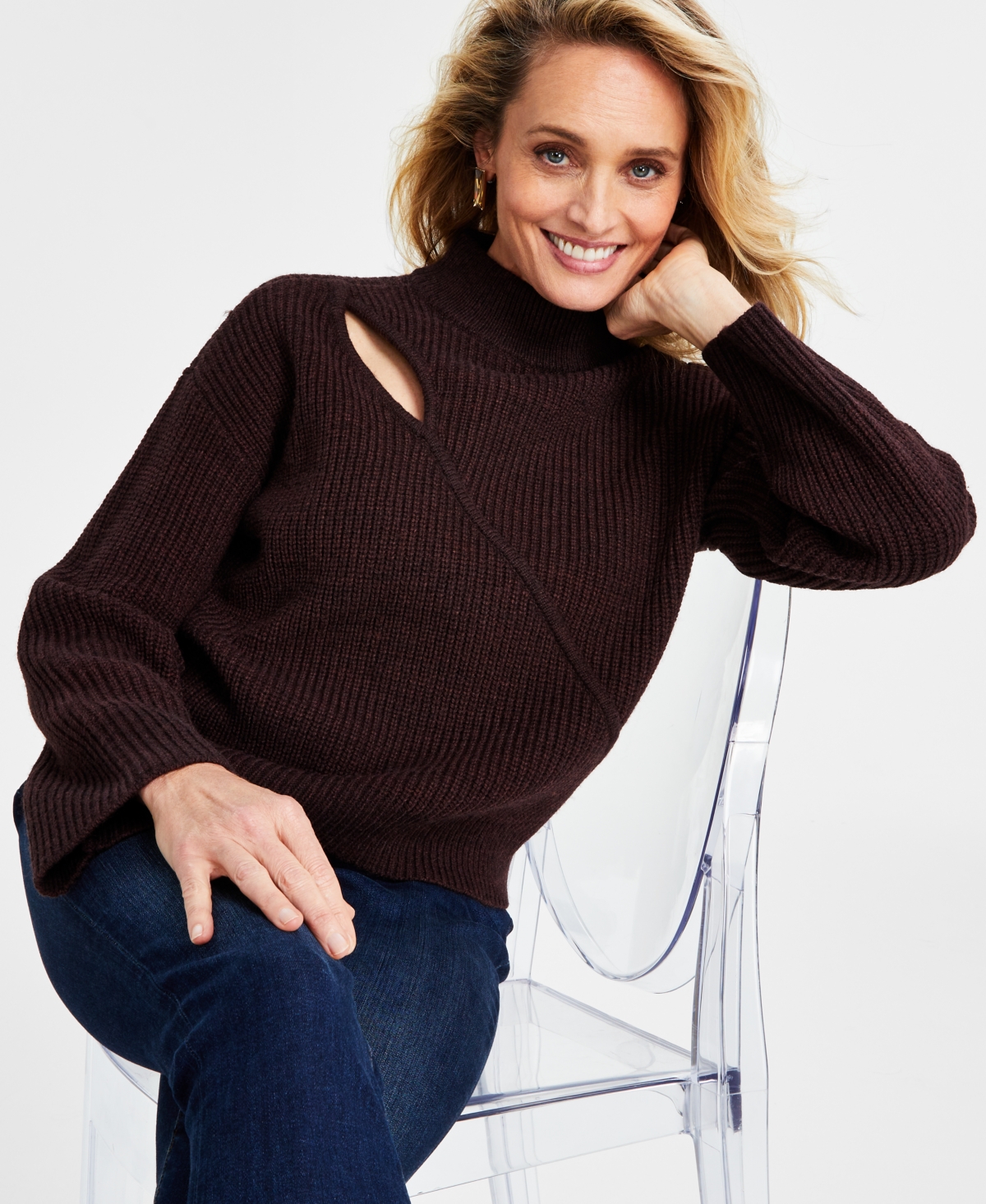 Inc International Concepts Women's Assymetrical-cutout Sweater, Created For Macy's In Cocoa Bean
